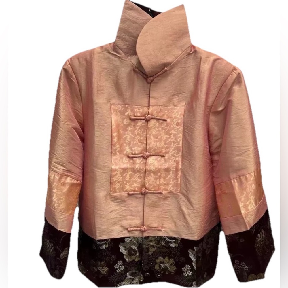 Pink Mandarin-Collar Cropped Jacket with Black Floral Hem